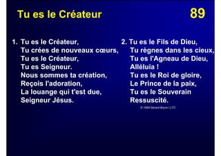 89Tu es le Créateur
1. Tu es le Créateur,
Tu crées de nouveaux cœurs,
Tu es le Créateur,
Tu es Seigneur.
Nous sommes ta création,
Reçois l'adoration,
La louange qui t'est due,
Seigneur Jésus.
2. Tu es le Fils de Dieu,
Tu règnes dans les cieux,
Tu es l'Agneau de Dieu,
Alléluia !
Tu es le Roi de gloire,
Le Prince de la paix,
Tu es le Souverain
Ressuscité.
© 1984 Gérard Bryon / LTC
 