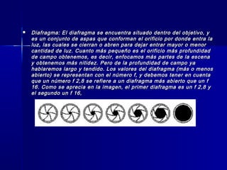    Diafragma: El diafragma se encuentra situado dentro del objetivo, y
    es un conjunto de aspas que conforman el orificio por donde entra la
    luz, las cuales se cierran o abren para dejar entrar mayor o menor
    cantidad de luz. Cuanto más pequeño es el orificio más profundidad
    de campo obtenemos, es decir, enfocamos más partes de la escena
    y obtenemos más nitidez. Pero de la profundidad de campo ya
    hablaremos largo y tendido. Los valores del diafragma (más o menos
    abierto) se representan con el número f, y debemos tener en cuenta
    que un número f 2,8 se refiere a un diafragma más abierto que un f
    16. Como se aprecia en la imagen, el primer diafragma es un f 2,8 y
    el segundo un f 16,
 