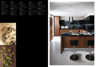 STRUTTURA                      CARCASE                         CAiSSOn                         KORPUS                            ESTRUCTURA
Noce Canaletto                 Canaletto walnut                Noyer Canaletto                 Nussbaum Canaletto                Nogal Canaletto

AnTA                           DOOR                            PORTE                           fROnT                             PUERTA
Impiallacciata Noce            Veneered in Canaletto Walnut    Plaquée Noyer Canaletto         Furniert Nussbaum Canaletto       Enchapado Nogal
Canaletto colore SCAV659       colour SCAV659                  coloris SCAV659                 Farbe SCAV659                     Canaletto color SCAV659

Laccata lucida colore Nero     Gloss lacquered colour Black    Laquée brillante coloris Noir   Hochglanz lackiert Farbe          Lacado brillante color Negro
SCAV414 con serigrafia         SCAV414 with decoration         SCAV414 avec sérigraphie        Schwarz SCAV414 mit Dekor         SCAV414 con serigrafía

TOP                            WORK-TOP                        PLAn                            PLATTE                            EnCiMERA
Quarz Nero Black sp. 6 cm      Nero Black Quarz, 6 cm thick,   Quarz Nero Black                Quarz Nero Black St. 6 cm         Quarz Nero Black
profilo “2C”                   “2C” profile                    ép. 6 cm profil “2C”            Profil “2C”                       esp. 6 cm con perfil “2C”

Schienale in vetro temperato   Wall cladding in Black          Dosseret en verre trempé        Wandpaneel aus getempertem        Trasera en cristal templado
colore Nero specchiato.        tempered mirror glass           coloris Noir miroité            Glas Farbe Schwarz verspiegelt.   de color negro reflectante.

MAniGLiA                       HAnDLE                          POiGnEE                         GRiff                             TiRADOR
In Alluminio finitura cromo    In Aluminium, gloss             En Aluminium finition           Aus Aluminium Finish Chrom        De Aluminio acabado cromo
lucido cod. 28901              chromium-plated finish,         chrome brillant                 glänzend                          bruñido cód. 28901
                               code 28901                      code 28901                      Code Nr. 28901




R E f L E X




     4                                                                                                                                                          5
 