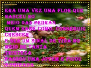 Era uma vez uma flor que nasceu no meio das pedras Quem sabe como, conseguiu crescer  e ser um sinal de vida no meio de tanta  tristeza Passou uma jovem e ficou admirada com a flor.  
