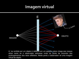 E




                                                               OBJETO
IMAGEM




A luz emitida por um objeto é refletida em um espelho plano chega aos nossos
olhos como se o observador estivesse vindo do ponto de encontro dos
prolongamentos dos raios refletidos. Neste ponto o observador vê uma imagem
virtual do objeto.
 