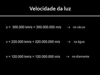 c = 300.000 km/s = 300.000.000 m/s   no vácuo



v = 220.000 km/s = 220.000.000 m/s    na água



v = 120.000 km/s = 120.000.000 m/s   no diamante
 