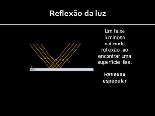 Um feixe
           luminoso
           sofrendo
         reflexão ao
        encontrar uma
        superfície lisa.
ar
vidro

          Reflexão
          especular
 
