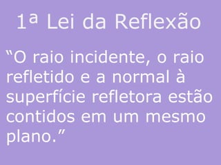 1ª Lei da Reflexão “ O raio incidente, o raio refletido e a normal à superfície refletora estão contidos em um mesmo plano.” 