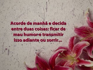 Acorde de manhã e decida entre duas coisas: ficar de mau humor e transmitir isso adiante ou sorrir...  