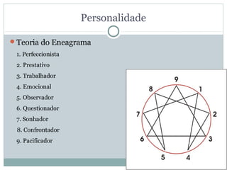 Personalidade

Teoria do Eneagrama
 1. Perfeccionista
 2. Prestativo
 3. Trabalhador
 4. Emocional
 5. Observador
 6. Questionador
 7. Sonhador
 8. Confrontador
 9. Pacificador
 