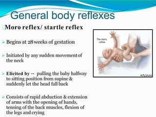 General body reflexes
Moro reflex/ startle reflex
 Begins at 28weeks of gestation
 Initiated by any sudden movementof
the neck
 Elicited by -- pulling the baby halfway
to sitting position from supine &
suddenly let the head fall back
 Consists of rapid abduction & extension
of arms with the opening of hands,
tensing of the back muscles, flexion of
the legs and crying
 