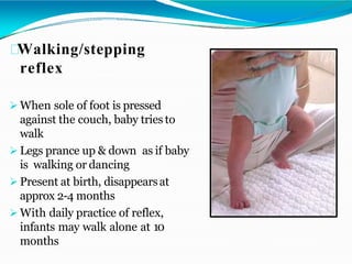 Walking/stepping
reflex
 When sole of foot is pressed
against the couch, baby tries to
walk
 Legs prance up & down as if baby
is walking or dancing
 Present at birth, disappearsat
approx 2-4 months
 With daily practice of reflex,
infants may walk alone at 10
months
 