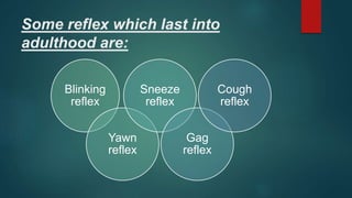 Some reflex which last into
adulthood are:
Blinking
reflex
Yawn
reflex
Sneeze
reflex
Gag
reflex
Cough
reflex
 