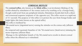 CORNEAL REFLEX
The corneal reflex, also known as the blink reflex, is an involuntary blinking of the
eyelids elicited by stimulation of the cornea (such as by touching or by a foreign body),
though could result from any peripheral stimulus. Stimulation should elicit both a direct
and consensual response (response of the opposite eye). The reflex occurs at a rapid rate
of 0.1 seconds. The purpose of this reflex is to protect the eyes from foreign bodies and
bright lights (the latter known as the optical reflex)
The reflex is mediated by:
5th cranial nerve (trigeminal nerve) sensing the stimulus on the cornea only (afferent
fiber).
the temporal and zygomatic branches of the 7th cranial nerve (facial nerve) initiating the
motor response (efferent fiber)
Damage to the ophthalmic branch of the 5th cranial nerve results in absent corneal
reflex when the affected eye is stimulated.
 