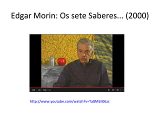 Edgar Morin: Os sete Saberes... (2000)

http://www.youtube.com/watch?v=Ta8M5ii06zs

 