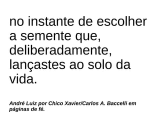 no instante de escolher
a semente que,
deliberadamente,
lançastes ao solo da
vida.
André Luiz por Chico Xavier/Carlos A. Baccelli em
páginas de fé.
 