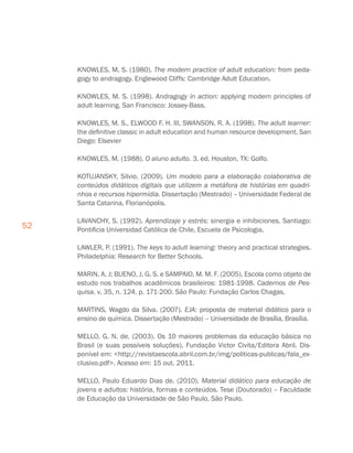 52
KNOWLES, M. S. (1980). The modern practice of adult education: from peda-
gogy to andragogy. Englewood Cliffs: Cambridge Adult Education.
KNOWLES, M. S. (1998). Andragogy in action: applying modern principles of
adult learning. San Francisco: Jossey-Bass.
KNOWLES, M. S., ELWOOD F. H. III, SWANSON, R. A. (1998). The adult learner:
the definitive classic in adult education and human resource development. San
Diego: Elsevier
KNOWLES, M. (1988). O aluno adulto. 3. ed. Houston, TX: Golfo.
KOTUJANSKY, Silvio. (2009). Um modelo para a elaboração colaborativa de
conteúdos didáticos digitais que utilizem a metáfora de histórias em quadri-
nhos e recursos hipermídia. Dissertação (Mestrado) – Universidade Federal de
Santa Catarina, Florianópolis.
LAVANCHY, S. (1992). Aprendizaje y estrés: sinergia e inhibiciones. Santiago:
Pontificia Universidad Católica de Chile, Escuela de Psicologia.
LAWLER, P. (1991). The keys to adult learning: theory and practical strategies.
Philadelphia: Research for Better Schools.
MARIN, A. J; BUENO, J. G. S. e SAMPAIO, M. M. F. (2005). Escola como objeto de
estudo nos trabalhos acadêmicos brasileiros: 1981-1998. Cadernos de Pes-
quisa, v. 35, n. 124, p. 171-200. São Paulo: Fundação Carlos Chagas.
MARTINS, Wagdo da Silva. (2007). EJA: proposta de material didático para o
ensino de química. Dissertação (Mestrado) – Universidade de Brasília, Brasília.
MELLO, G. N. de. (2003). Os 10 maiores problemas da educação básica no
Brasil (e suas possíveis soluções). Fundação Victor Civita/Editora Abril. Dis-
ponível em: http://revistaescola.abril.com.br/img/politicas-publicas/fala_ex-
clusivo.pdf. Acesso em: 15 out. 2011.
MELLO, Paulo Eduardo Dias de. (2010). Material didático para educação de
jovens e adultos: história, formas e conteúdos. Tese (Doutorado) – Faculdade
de Educação da Universidade de São Paulo, São Paulo.
 