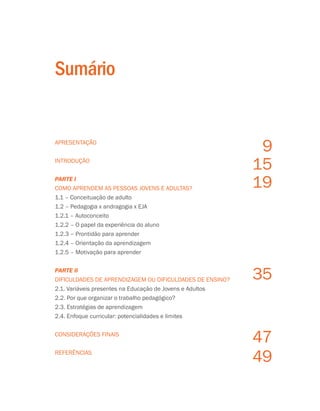 Apresentação
Introdução
Parte I
Como aprendem as pessoas jovens e adultas?
1.1 – Conceituação de adulto
1.2 – Pedagogia x andragogia x EJA
1.2.1 – Autoconceito
1.2.2 – O papel da experiência do aluno
1.2.3 – Prontidão para aprender
1.2.4 – Orientação da aprendizagem
1.2.5 – Motivação para aprender
Parte II
Dificuldades de aprendizagem ou dificuldades de ensino?
2.1. Variáveis presentes na Educação de Jovens e Adultos
2.2. Por que organizar o trabalho pedagógico?
2.3. Estratégias de aprendizagem
2.4. Enfoque curricular: potencialidades e limites
Considerações finais
Referências
9
15
19
35
47
49
Sumário
 