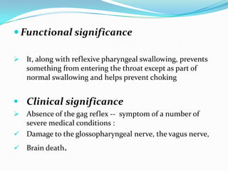  Functional significance
 It, along with reflexive pharyngeal swallowing, prevents
something from entering the throat except as part of
normal swallowing and helps prevent choking
 Clinical significance
 Absence of the gag reflex -- symptom of a number of
severe medical conditions :
 Damage to the glossopharyngeal nerve, the vagus nerve,
 Brain death.
 