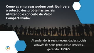 Como as empresas podem contribuir para
a solução dos problemas sociais
utilizando o conceito de Valor
Compartilhado?
Atendendo às reais necessidades sociais
através de seus produtos e serviços,
gerando LUCRO.
 
