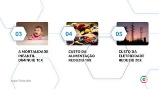 CUSTO DA
ALIMENTAÇÃO
REDUZIU 10X
CUSTO DA
ELETRICIDADE
REDUZIU 20X
A MORTALIDADE
INFANTIL
DIMINUIU 10X
04 05
03
superfoco.site
 