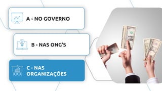 A - NO GOVERNO
B - NAS ONG’S
C - NAS
ORGANIZAÇÕES
 