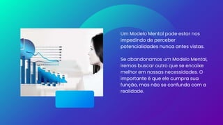 Um Modelo Mental pode estar nos
impedindo de perceber
potencialidades nunca antes vistas.
Se abandonamos um Modelo Mental,
iremos buscar outro que se encaixe
melhor em nossas necessidades. O
importante é que ele cumpra sua
função, mas não se confunda com a
realidade.
 