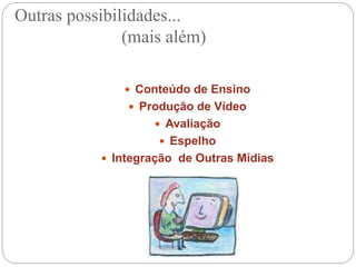  Conteúdo de Ensino
 Produção de Vídeo
 Avaliação
 Espelho
 Integração de Outras Mídias
Outras possibilidades...
(mais além)
 