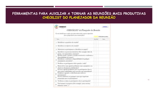 FERRAMENTAS PARA AUXILIAR A TORNAR AS REUNIÕES MAIS PRODUTIVAS
CHECKLIST DO PLANEJADOR DA REUNIÃO
15
 