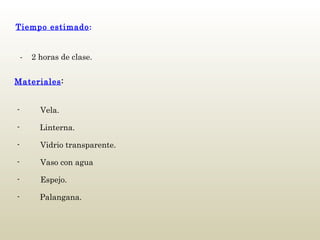     -         Vela. -  Linterna.   -         Vidrio transparente.   -         Vaso con agua   -         Espejo. -  Palangana.   Tiempo estimado :   -  2 horas de clase. Materiales : 