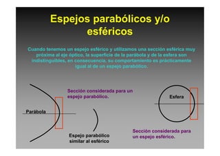 Espejos parabólicos y/o
esféricos
Cuando tenemos un espejo esférico y utilizamos una sección esférica muy
próxima al eje óptico, la superficie de la parábola y de la esfera son
indistinguibles, en consecuencia, su comportamiento es prácticamente
igual al de un espejo parabólico.
Sección considerada para un
espejo parabólico.
Sección considerada para
un espejo esférico.
Esfera
Parábola
Espejo parabólico
similar al esférico
 