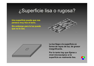 ¿Superficie lisa o rugosa?
Una superficie puede que nos
parezca muy lisa al tacto.
Sin embargo para la luz puede
que no lo sea.
La luz llega a la superficie en
forma de rayos de luz, de grosor
insignificante.
Por lo tanto hay que fijarse a
nivel microscópico si la
superficie es realmente lisa.
 