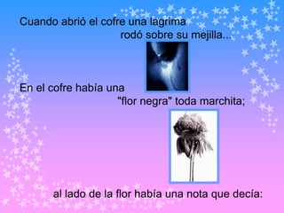 Cuando abrió el cofre una lagrima
                    rodó sobre su mejilla...



En el cofre había una
                    "flor negra" toda marchita;




       al lado de la flor había una nota que decía:
 