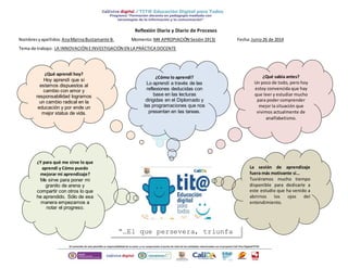 La sesión de aprendizaje
fuera más motivante si…
Tuviéramos mucho tiempo
disponible para dedicarle a
este estudio que ha venido a
abrirnos los ojos del
entendimiento.
Reflexión Diaria y Diario de Procesos
Nombresyapellidos:AnaMarinaBustamante B. Momento:M4 APROPIACIÓN Sesión19(3) Fecha:Junio26 de 2014
Tema de trabajo: LA INNOVACIÓN EINVESTIGACIÓN EN LA PRÁCTICA DOCENTE
¿Cómo lo aprendí?
Lo aprendí a través de las
reflexiones deducidas con
base en las lecturas
dirigidas en el Diplomado y
las programaciones que nos
presentan en las tareas.
¿Qué aprendí hoy?
Hoy aprendí que si
estamos dispuestos al
cambio con amor y
responsabilidad logramos
un cambio radical en la
educación y por ende un
mejor status de vida.
¿Y para qué me sirve lo que
aprendí y Cómo puedo
mejorar mi aprendizaje?
Me sirve para poner mi
granito de arena y
compartir con otros lo que
he aprendido. Sólo de esa
manera empezamos a
notar el progreso.
¿Qué sabia antes?
Un poco de todo, pero hoy
estoy convencida que hay
que leer y estudiar mucho
para poder comprender
mejor la situación que
vivimos actualmente de
analfabetismo.
“…El que persevera, triunfa
tu puedes más…”
 