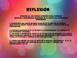 REFLEXIÓN
Situación 3.2. ¿Es posible aprender para aprender?
Modelos y experiencias educativas en el campo del aprendizaje
estratégico.
1.-¿consideras que hiciste un buen trabajo? R= Ya que fue un trabajo
realizado en equipo donde todos aportaron ideas y participaron es su
construcción.
2.-¿podrías mejorarlo? R= Si, en base a la coordinación y el respeto de
las diferentes opiniones.
3.-¿te ayudo a entender el tema? R= Si, ya que cada un miembro del equipo
tiene diferentes cualidad, y si alguien no comprender algún termino entre
todos lo ayudamos a formular una cuestión clara.
4.-¿crees que puedes aplicar lo visto en tu práctica profesional? R= Si, ya
que son situaciones que ocurren en la vida diaria y tenemos que
enfrentarnos a ellas.
 