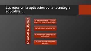 Los retos en la aplicación de la tecnología
educativa…
Encuantoaldocente
El desconocimiento o falta de
interés en el uso de tecnología.
La falta o nula actualización.
El empleo de la tecnología sin
un fin claro.
El abuso de la tecnología en
las clases.
 