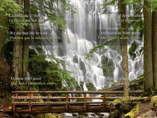 La forza che ci dai La fuerza que nos das We ask that life be kind Pedimos que la vida sea amable E' il desierio che Ése es el deseo que And watch us from above Y nos observe desde lo alto Ognuno trovi amor Que todos encuentren amor We hope each soul will find… Esperamos que cada alma encuentre… Intorno e dentro a sé Dentro y fuera de si, … another soul to love … otra alma para amar 