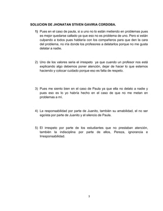 SOLUCION DE JHONATAN STIVEN GAVIRIA CORDOBA.

  1) Pues en el caso de paula, si a uno no lo están metiendo en problemas pues
     es mejor quedarse callado ya que eso no es problema de uno. Pero si están
     culpando a todos pues hablaría con los compañeros para que den la cara
     del problema, no iría donde los profesores a delatarlos porque no me gusta
     delatar a nadie.



  2) Uno de los valores seria el irrespeto ya que cuando un profesor nos está
     explicando algo debemos poner atención, dejar de hacer lo que estemos
     haciendo y colocar cuidado porque eso es falta de respeto.




  3) Pues me siento bien en el caso de Paula ya que ella no delato a nadie y
     pues eso es lo yo habría hecho en el caso de que no me metan en
     problemas a mí.



  4) La responsabilidad por parte de Juanito, también su amabilidad, el no ser
     egoísta por parte de Juanito y el silencio de Paula.


  5) El irrespeto por parte de los estudiantes que no prestaban atención,
     también la indisciplina por parte de ellos, Pereza, ignorancia e
     Irresponsabilidad.




                                      3
 