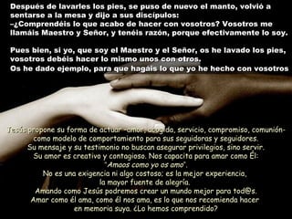 Después de lavarles los pies, se puso de nuevo el manto, volvió aDespués de lavarles los pies, se puso de nuevo el manto, volvió a
sentarse a la mesa y dijo a sus discípulos:sentarse a la mesa y dijo a sus discípulos:
–¿Comprendéis lo que acabo de hacer con vosotros? Vosotros me–¿Comprendéis lo que acabo de hacer con vosotros? Vosotros me
llamáis Maestro y Señor, y tenéis razón, porque efectivamente lo soy.llamáis Maestro y Señor, y tenéis razón, porque efectivamente lo soy.
Pues bien, si yo, que soy el Maestro y el Señor, os he lavado los pies,Pues bien, si yo, que soy el Maestro y el Señor, os he lavado los pies,
vosotros debéis hacer lo mismo unos con otros.vosotros debéis hacer lo mismo unos con otros.
Os he dado ejemplo, para que hagáis lo que yo he hecho con vosotrosOs he dado ejemplo, para que hagáis lo que yo he hecho con vosotros
Jesús propone su forma de actuar –amor, acogida, servicio, compromiso, comunión-Jesús propone su forma de actuar –amor, acogida, servicio, compromiso, comunión-
como modelo de comportamiento para sus seguidoras y seguidores.como modelo de comportamiento para sus seguidoras y seguidores.
Su mensaje y su testimonio no buscan asegurar privilegios, sino servir.Su mensaje y su testimonio no buscan asegurar privilegios, sino servir.
Su amor es creativo y contagioso. Nos capacita para amar como Él:Su amor es creativo y contagioso. Nos capacita para amar como Él:
““Amaos como yo os amoAmaos como yo os amo””..
No es una exigencia ni algo costoso; es la mejor experiencia,No es una exigencia ni algo costoso; es la mejor experiencia,
la mayor fuente de alegría.la mayor fuente de alegría.
Amando como Jesús podremos crear un mundo mejor para tod@s.Amando como Jesús podremos crear un mundo mejor para tod@s.
Amar como él ama, como él nos ama, es lo que nos recomienda hacerAmar como él ama, como él nos ama, es lo que nos recomienda hacer
en memoria suya. ¿Lo hemos comprendido?en memoria suya. ¿Lo hemos comprendido?
 