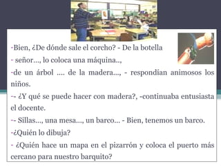 -Bien, ¿De dónde sale el corcho? - De la botella
- señor…, lo coloca una máquina..,
-de un árbol .... de la madera..., - respondían animosos los
niños.
-- ¿Y qué se puede hacer con madera?, -continuaba entusiasta
el docente.
-- Sillas..., una mesa..., un barco... - Bien, tenemos un barco.
-¿Quién lo dibuja?
- ¿Quién hace un mapa en el pizarrón y coloca el puerto más
cercano para nuestro barquito?
 