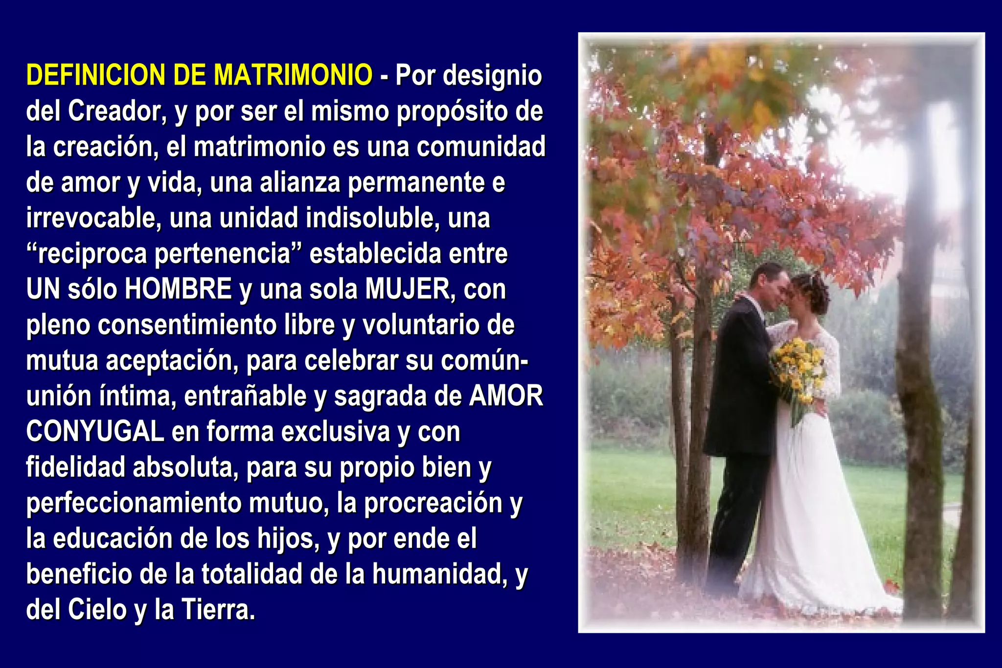 DEFINICION DE MATRIMONIO - Por designio
del Creador, y por ser el mismo propósito de
la creación, el matrimonio es una comunidad
de amor y vida, una alianza permanente e
irrevocable, una unidad indisoluble, una
“reciproca pertenencia” establecida entre
UN sólo HOMBRE y una sola MUJER, con
pleno consentimiento libre y voluntario de
mutua aceptación, para celebrar su comúnunión íntima, entrañable y sagrada de AMOR
CONYUGAL en forma exclusiva y con
fidelidad absoluta, para su propio bien y
perfeccionamiento mutuo, la procreación y
la educación de los hijos, y por ende el
beneficio de la totalidad de la humanidad, y
del Cielo y la Tierra.

 