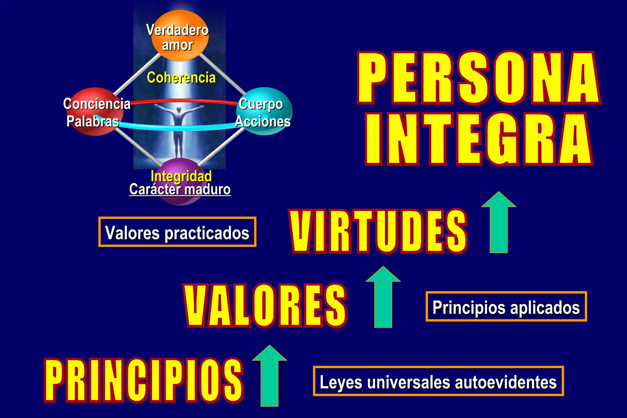 Verdadero
amor
Coherencia
Conciencia
Palabras

Cuerpo
Acciones

Integridad
Carácter maduro

Valores practicados

Principios aplicados

Leyes universales autoevidentes

 
