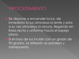 PROCEDIMIENTOSe dispone a encender la luz, de inmediato la luz atraviesa la lente y esta a su vez atraviesa la ranura, llegando en línea recta y uniforme hacia el espejo plano.Si el rayo de luz incide con un grado de 90 grados, la reflexión es paralela y sobrepuesta.
