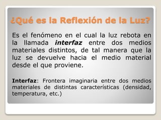 ¿Qué es la Reflexión de la Luz?
Es el fenómeno en el cual la luz rebota en
la llamada interfaz entre dos medios
materiales distintos, de tal manera que la
luz se devuelve hacia el medio material
desde el que proviene.
Interfaz: Frontera imaginaria entre dos medios
materiales de distintas características (densidad,
temperatura, etc.)
 