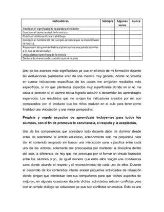 Indicadores. Siempre Algunas
veces
nunca
Empleanel significadode lapalabraalineación
Conocenel temacentral de la noticia
Plasmanlaideacentral enel dibujo
Conocenel nombre de loscuerposcelestesque se mencionaen
la noticia.
Reconocende quiense hablaal plantearlesunapalabrasimilar
a lo que se deseasaber
Ubica datosespecíficosde lanoticia
Deduce de maneraadecuadalo que se le pide
Uno de los avances más significativos ya que en el inicio de mi formación docente
las evaluaciones planteadas eran de una manera muy general, donde no tomaba
en cuenta indicadores específicos de los cuales me arrojarían resultados más
específicos, si no que planteaba aspectos muy superficiales donde en si no me
daba a conocer si el alumno había logrado adquirir o desarrollar los aprendizajes
esperados. Los resultados que me arrojan los indicadores creados por mí, son
comparados con el producto que los niños realizan en el aula para tener como
finalidad una vinculación y una mejor perspectiva.
Propicia y regula espacios de aprendizaje incluyentes para todos los
alumnos, con el fin de promover la convivencia, el respeto y la aceptación.
Una de las competencias que considero todo docente debe de dominar desde
antes de adentrarse al ámbito educativo, anteriormente solo me preparaba para
dar el contenido asignado sin buscar una interacción sana y pacífica entre cada
uno de los actores, solamente me preocupaba por mantener la disciplina dentro
del aula, a diferencia de hoy que me preocupo por el formar un vínculo favorable
entre los alumnos y yo, de igual manera que entre ellos tengan una convivencia
sana donde abunde el respeto y el reconocimiento de cada uno de ellos. Durante
el desarrollo de los contenidos intento anexar pequeñas actividades de relajación
donde tengan que interactuar con sus compañeros para que dichos aspectos de
mejoren, en algunas ocasiones durante dichas actividades existen conflictos pero
con un simple dialogo se solucionan ya que son conflictos sin malicia. Esto es uno
 