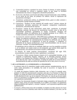 15
a.- Comunidad primitiva: constituir los nexos, formar el sistema: el sujeto gregario;
esta comunidad no volverá a separarse jamás; la que luego se escindirá
internamente (las clases) e inaugurará su desarrollo prometeico.
b.- Esclavismo: dar forma a la división del trabajo (manual/intelectual), crear el hábito,
en un sector de las elites, de producir los saberes; iniciar la superación del
pensamiento mitológico.
c.- Feudalismo: producción estética, la urbanidad elitista, ganar en edad, sostener e
incrementar el grupo humano escindido.
d.- Capitalismo: “producir la base material del mundo nuevo” (primer sistema de
acumulación -privada); paroxismo del progreso: competencia (explotación,
dominación, concentración de riqueza).
e.- Socialismo: sistema de tipo transicional; motor dual –emulación- al principal
capitalista; asistente del proceso de acumulación (social); crear la idea de la
racionalidad igualitaria; ejemplificar la utopía: revolución, dictadura del
proletariado, ensayo de edificación de la sociedad socialista: la ex URSS y su
Campo (casuística, emulación, revisionismo, defección).
f.- La transición: (mutatis mutandis: 1956-2050) época cambiada. División global del
trabajo: las empresas multinacionales (la neotriada: EU, UE, Japón –y los BRICS)
completan el proceso de automatización (la historia ha ratificado, por un lapso
más, al capitalismo –la competencia- la tarea de continuar –y completar- el
desarrollo de las fuerzas productivas); el Sur (neocolonialidad), crea las nuevas
relaciones “sociales” (la comunidad humana).
El capitalismo está en orden de ser cambiado, dado que cuasi ha cumplido su misión
o, en su defecto: por cuanto existe ya otra propuesta, que termine dicho papel (la
automatización), con omisión de las lacras sociales y ambientales.
La historia, de modo centrista (neosocialismo, socialismo del siglo XXI,
ecosocialismo), avanza sobre los rieles: capitalismo y socialismo.
g.- Comunismo: último sistema humano (imperio de la racionalidad absoluta, se ha
superado el hedonismo burgués, religioso, de la felicidad sensorial, incluso
estética: el ser humano frío, hierático, insensible: se ha vuelto “Dios”). Producción
de la idea (ley del “valor” de usufructo, el trabajo ha salido de la escena histórica,
automatización de todas las esferas de reproducción de la vida, democovivencia).
7.- DE LA ONTOLOGÍA A LA GNOSEOLOGÍA: LA TELEOLOGÍA.
- La primera meta de la naturaleza (según sentido pertinaz metadeterminista, que en
cierto modo personaliza a la realidad), fue crear el neocórtex: el órgano de la
representación.
- La senda del progreso histórico dado demuestra, que va hacia la segunda meta:
producir el robot (la automatización concreta), para que el ser humano se libere del
trabajo y se ocupe por entero en la actividad, que es la razón de su ser: la creación de
la idea absoluta (el alter ego de la materia). Este hecho, en vista de que de por medio
estuvo la conciencia, la voluntad, podría conseguirse con socialismo (racionalidad) o
con capitalismo (animalidad).
El proceso fue únicamente burgués al principio (etapa competitiva del desarrollo del
capital); luego, mixto en la fase intermedia: la ex URSS y su Campo y el capitalismo
(etapa monopólica del capital); y, termina “unipolar”, con la presencia capitalista total
(globalización).
- La tercera y última meta (telos) de la realidad, es producir esa idea; proceso en el que
se realiza el neocórtex (interface entre todos los cerebros humanos y de estos, con un
 
