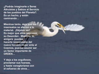 ¿Podrás imaginarte a Seres Altruistas y Sabios al Servicio de los pueblos del Planeta?. Es un hecho, y están caminando… Mientras tanto, deja que los insensatos se aferren a lo material.  ¡Déjalos ser! Es mejor que ellos expresen su Desorden . Mientras tú, amigo/a  puedes hacerte responsable del nuevo hombre-mujer ante el Cosmos, puedes asumir ser un factor importante de ORDEN… Y deja a los orgullosos, proclamar sus fuerzas,  y hasta vanagloriarse con  el esfuerzo de otros…  **************** 