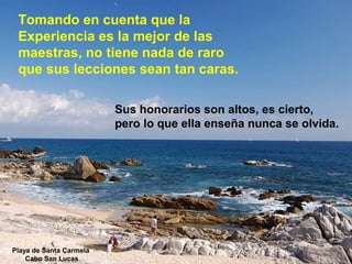 Tomando en cuenta que la
 Experiencia es la mejor de las
 maestras, no tiene nada de raro
 que sus lecciones sean tan caras.

                         Sus honorarios son altos, es cierto,
                         pero lo que ella enseña nunca se olvida.




Playa de Santa Carmela
    Cabo San Lucas
 