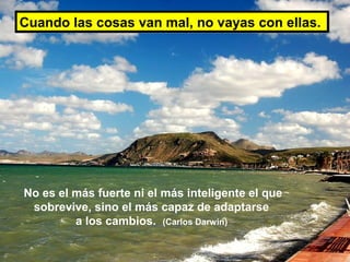 Cuando las cosas van mal, no vayas con ellas.

No es el más fuerte ni el más inteligente el que
sobrevive, sino el más capaz de adaptarse
a los cambios. (Carlos Darwin)

 