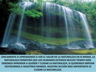 ÚNICAMENTE SI APRENDEMOS A VER EL VALOR DE LA NATURALEZA EN SI MISMA, LA NATURALEZA PERMITIRÁ QUE LOS HUMANOS ESTEMOS MUCHO TIEMPO MÁS. DEBEMOS APRENDER A QUERER Y CUIDAR LA NATURALEZA, SI QUEREMOS IMPEDIR DESTRUIRNOS A NOSOTROS MISMOS. NUESTRA ACCIÓN MÁS IMPORTANTE ES CUIDAR LA NATURALEZA.