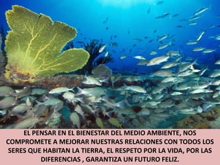 EL PENSAR EN EL BIENESTAR DEL MEDIO AMBIENTE, NOS COMPROMETE A MEJORAR NUESTRAS RELACIONES CON TODOS LOS SERES QUE HABITAN LA TIERRA, EL RESPETO POR LA VIDA, POR LAS DIFERENCIAS , GARANTIZA UN FUTURO FELIZ.
