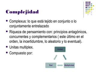 Complejidad
 Complexus:   lo que está tejido en conjunto o lo
  conjuntamente entrelazado
 Riqueza de pensamiento con: principios antagónicos,
  concurrentes y complementarios ( este último en el
  orden, la incertidumbre, lo aleatorio y lo eventual).
 Unitas multiplex.

 Compuesto por:
 