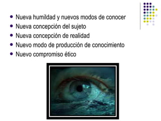 Nueva humildad y nuevos modos de conocer
 Nueva concepción del sujeto
 Nueva concepción de realidad
 Nuevo modo de producción de conocimiento
 Nuevo compromiso ético
 
