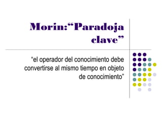 Morin:“Paradoja
          clave”
  “el operador del conocimiento debe
convertirse al mismo tiempo en objeto
                     de conocimiento”
 